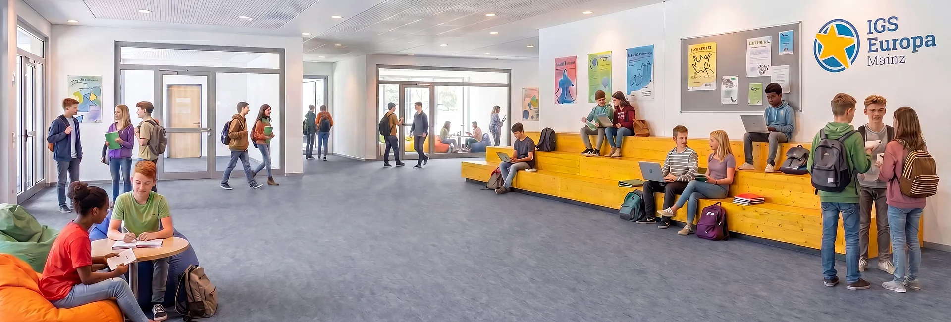 Offener Aufenthaltsbereich einer Schule mit Schülerinnen und Schülern beim Lernen, Arbeiten an Laptops und Austausch in Gruppen.