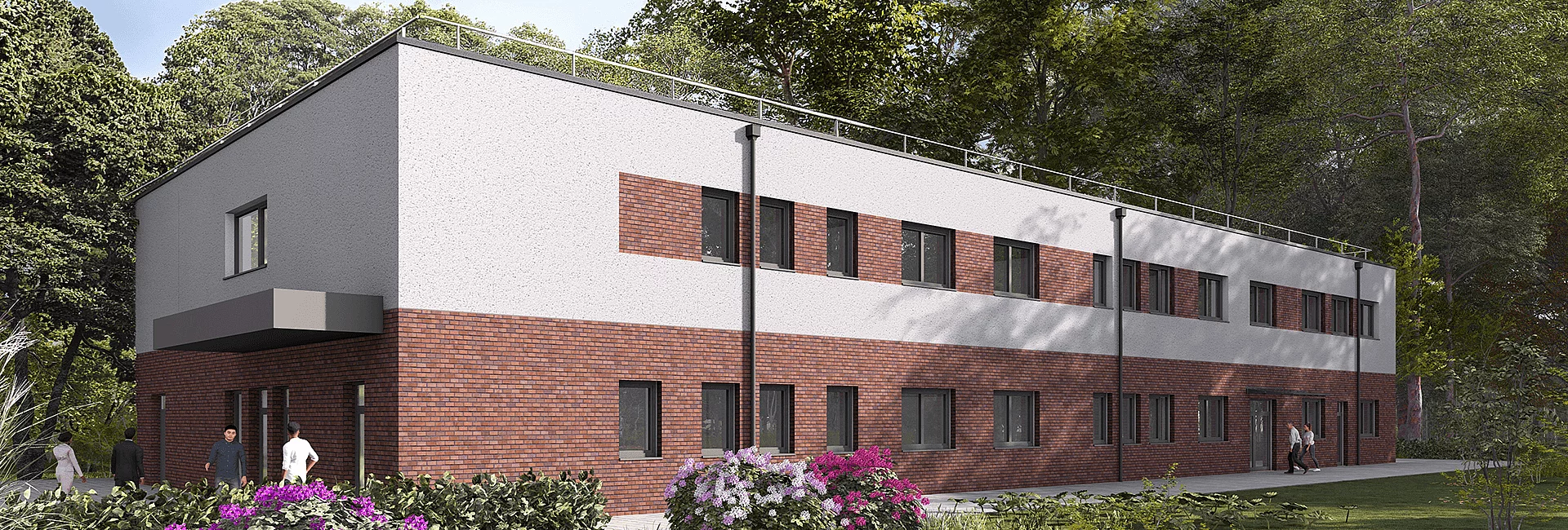 Ein Kran hebt ein rechteckiges Modul mit Glasfronten in die Luft. Der Kranarm ist gelb und mit "Feldhof" beschriftet, der Himmel ist bewölkt.