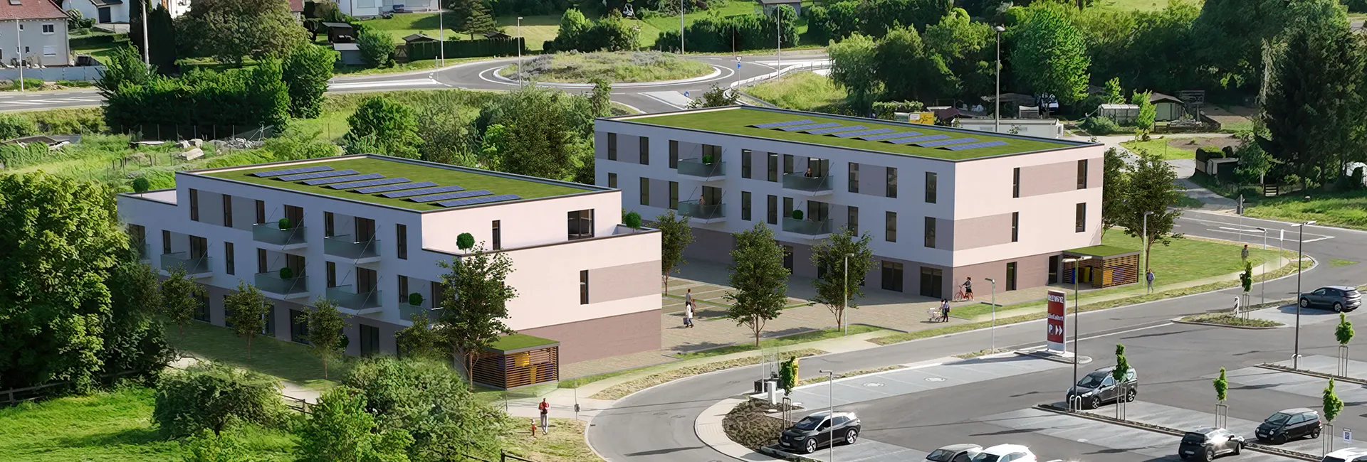 Visualisierung zweier moderner Wohngebäude mit begrünten Dächern, Balkonen und Außenanlagen