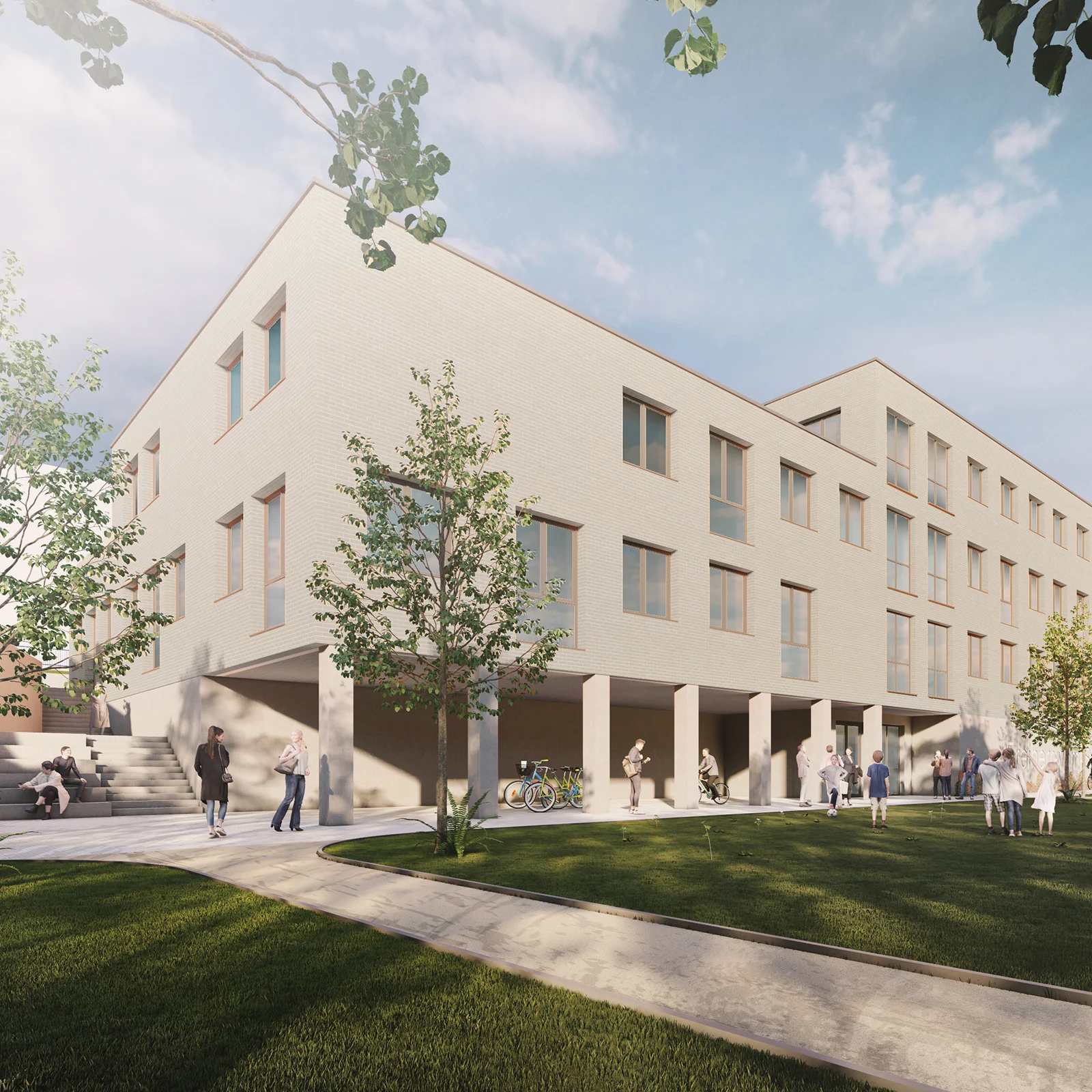 Gebäude mit drei Etagen, viele Fenster. Menschen interagieren, gehen oder sitzen rund um das moderne, beige Ziegelkonstrukt. Bäume und Rasenflächen im Vordergrund schaffen eine parkähnliche Umgebung.