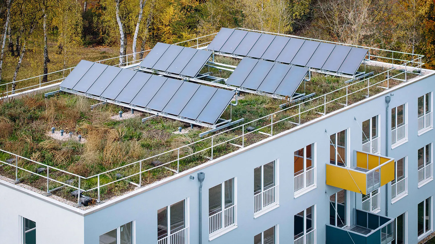Wohngebäude mit begrüntem Dach, Solaranlagen und farbigen Balkonen vor herbstlichen Bäumen