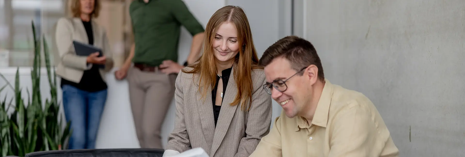 Zwei Personen arbeiten gemeinsam an einem Tisch in einem modernen Büro. Im Hintergrund stehen zwei weitere Personen im Flurbereich, daneben ist eine große Zimmerpflanze zu sehen.